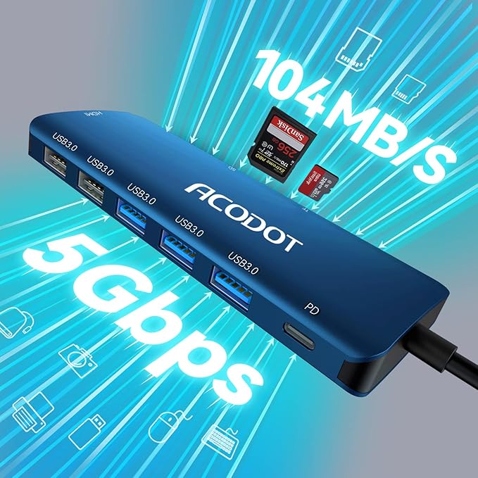 Acodot 9 in 1 USB C to 4K@60HZ HDMI Multiport Adapter, 3 USB 3.0 Ports, SD/TF Card Reader, 100W PD, Designed for MacBook Pro Air HP XPS etc, Blue