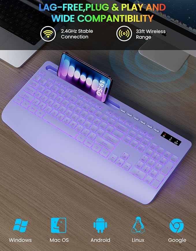 Wireless Keyboard with 7 Colored Backlits, Wrist Rest, Phone Holder, Rechargeable Ergonomic Computer Keyboard with Silent Keys, Full Size Lighted Keyboard for Windows, MacBook, PC, Laptop (Purple)