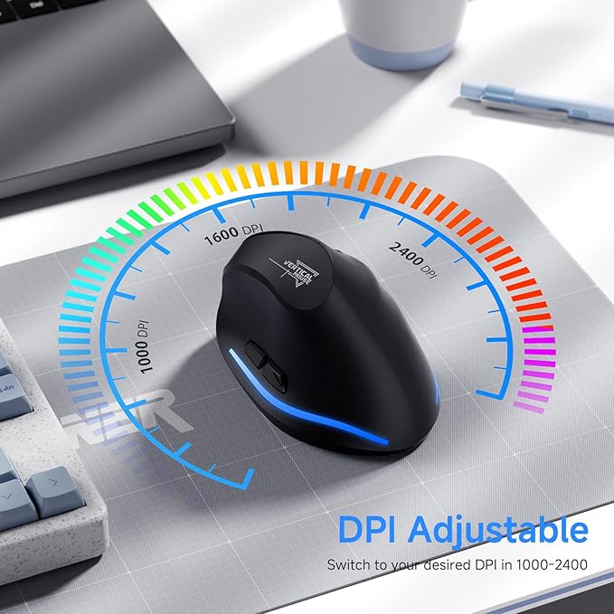 ECHTPower Ergonomic Wireless Mouse, Bluetooth Vertical Mouse with LED Light, Control Up to 3 Devices (BT5.0+BT5.0+2.4GHz), Adjustable DPI 2400/1600/1000, for PC, Laptop, Mac, Windows