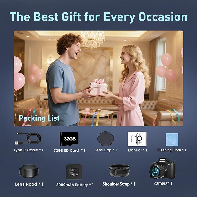 8K Digital Camera for Photography, WiFi & Dual-Lens Vlogging Camera for YouTube with 4" Touch Screen, 64MP Vlog Cameras 16X Digital Zoom with 3000mAh Battery, 32GB TF Card & Lens Hood(Black)