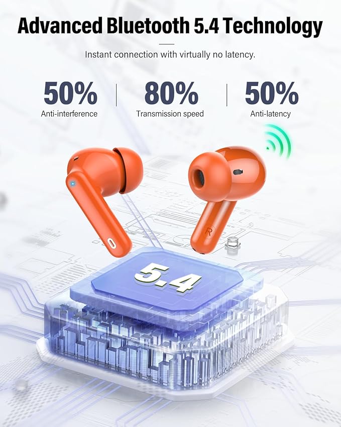 Wireless Earbuds, Bluetooth 5.4 Headphones Bass Stereo, Ear Buds with Noise Cancelling Mic, LED Display in Ear Earphones Clear Calls, IP7 Waterproof Bluetooth Earbuds for Laptop/Phones/Sports, Orange