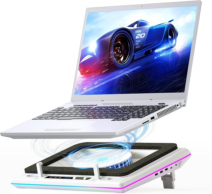 llano RGB Laptop Cooling Pad, White, Powerful Turbofan, Quiet Cooling, Touch Control, LCD Screen, Seal Foam, 15-19in Laptops