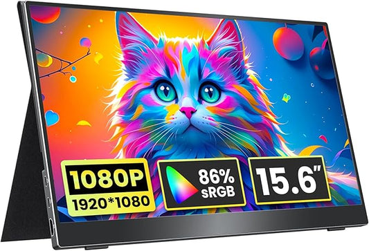 Portable Monitor 15.6 inch 1080P FHD 86% sRGB 60Hz, Travel Monitor for Laptop MacBook Surface PC Xbox PS5, HDMI Dual USB-C VESA Compatible Built-in Speaker