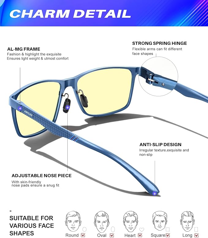 ANYLUV Blue Light Glasses Men, Relieve Eyestrain and Eye Protection, Al-Mg Metal Computer Blue Light Blocking Glasses