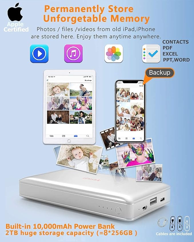 iDiskk App-le Mfi Certified 2TB External Hard Drive for iPhone 15 & 16, iPad, Android Phones, Mac - Backup Photos, Videos & Files, 10000mAh Power Bank