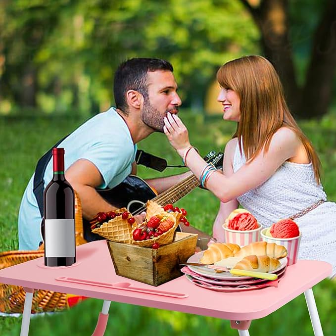 Laptop Bed Table, Foldable Laptop Desk Bed Tray with Storage Drawer, Lap Desk TV Tray for Breakfast Serving, Notebook Stand Reading Holder with Phone Slot and Cup Holder for Sofa Couch Floor-Pink