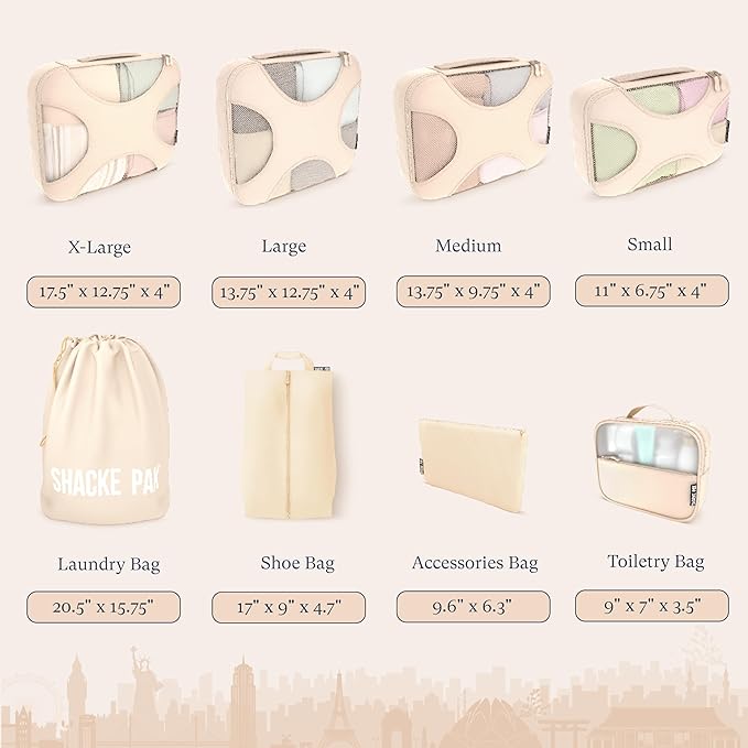 Shacke 8 Set Packing Cubes for Travel Lightweight Luggage Organizer (Cream)