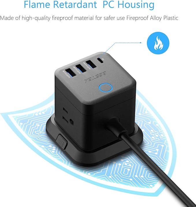 BESTEK Power Strip with USB, Vertical Cube Mountable Power Outlet Extender with 3 Outlets, 3 USB & 1 Type-C PD20W Ports, 5-Foot Extension Cord and Detachable Base for Easy Mounting (Black)