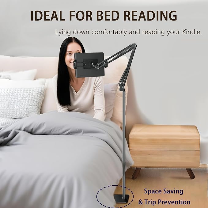 Tablet Floor Stand & Kindle Holder, Overhead Bed Reading Stand with 360° Rotatable Clamp and Height Adjustable Flexible Long Arm, Compatible with Kindle, iPad mini/Air/Pro, and 4.7-14 Inch Devices