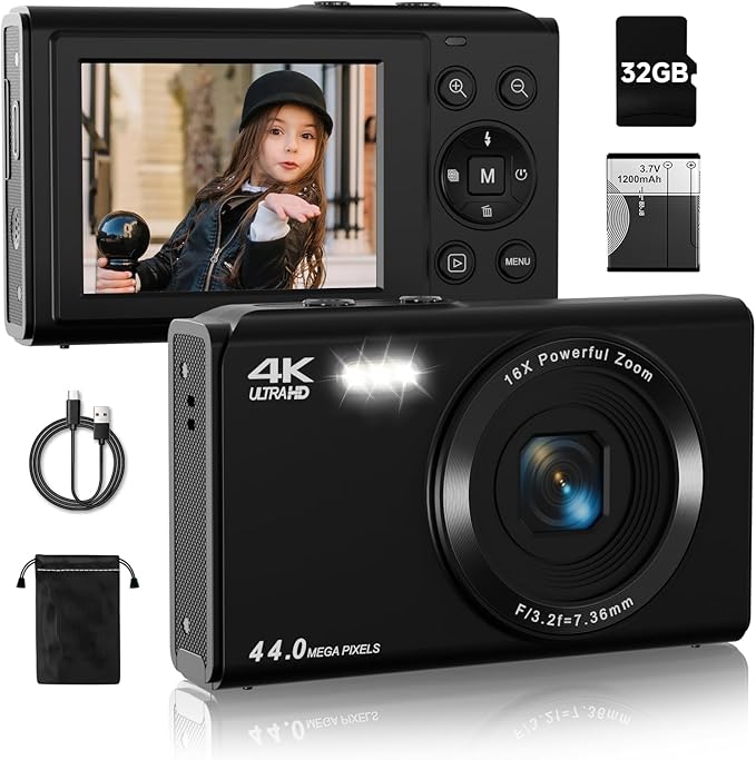 Digital Camera, FHD 4K 44MP Autofocus Point and Shoot Camera with 2.4" LCD 16X Zoom Portable Compact Cheap Camera for Teens Boys Girls Kids Adults (Black)