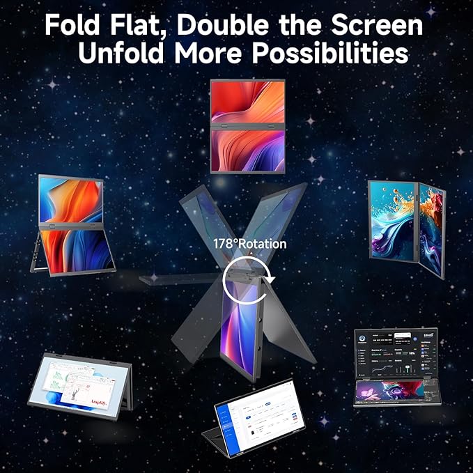 Portable Monitor 15.6" Foldable Dual Screen | Plug & Play for PC/Android/Switch/Xbox/PS5 | FHD 1080P HDR Foldable Travel Display with HDMI/USB-C | Ideal for Gaming, Office & Outdoor