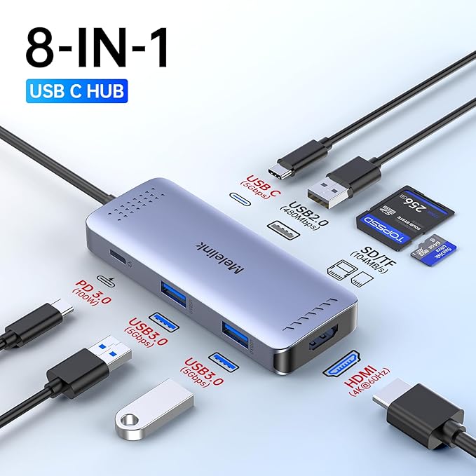 USB C Hub Multiport Adapter for MacBook Pro/Air, 8 in 1 USB-C Dock Mac Dongle HDMI Adapter(4K@60Hz HDMI,SD/TF Card Reader,100W PD, USB-C Data & 2*USB-A 3.0) Compatible for iPad Pro,iMac,Dell,HP,Lenovo