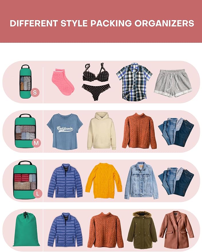 6 PCS Set Compression Packing Cubes for Travel, Lightweight Packing Organizer Bags Travel Essentials for Carry On, Suitcase, Home Closet - Green