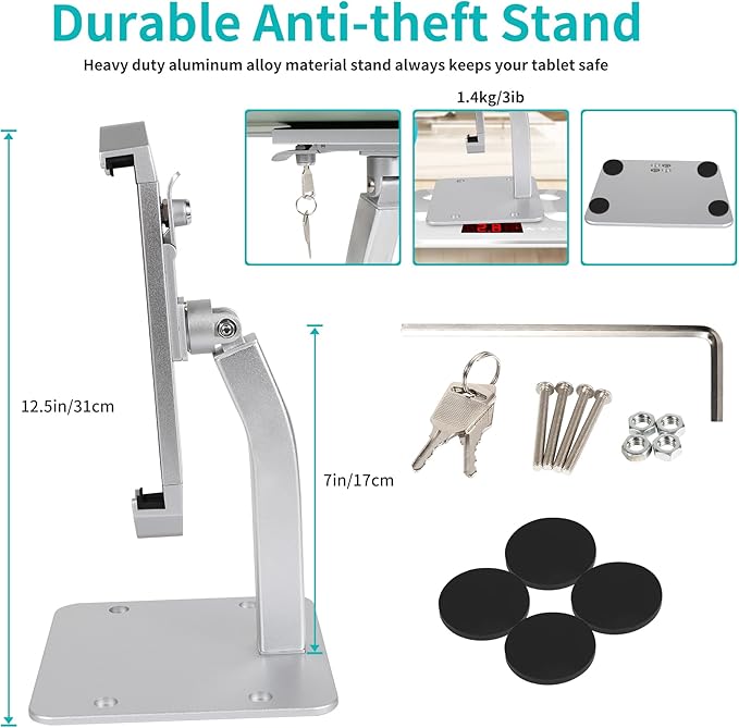 Anti Theft Tablet Stand for Desktop, Security Tablet Mount Retail Kiosk POS, Heavy Duty Metal Tablet Holder with Lock for 7-11" Tablets, iPad Pro Air Mini, Galaxy Tabs, Surface etc
