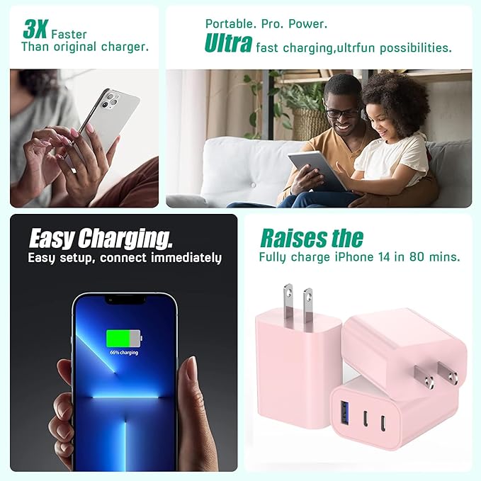 35W USB C Charger Block [3-Pack] Apple iPhone 17 Wall Plug Fast Charging Block, 3-Port PD+QC Power Adapter Multiport Brick Type C Charger for iPhone 17/Air/16/16 Pro/15/15 Pro/Pro Max/Plus/14/13/12