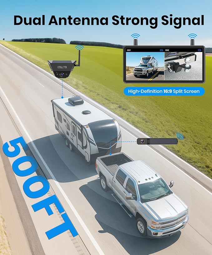 AUTO-VOX 2 Solar Wireless Backup Camera System with Two Cameras (License Plate & Portable): 7.2” 1080P HD Dual Channel Monitor, IP69K Waterproof Back up Camera for Truck,RV,Camper,Horse/Boat Trailer