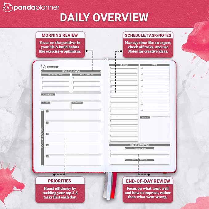 Panda Planner Classic Daily Planner 2026 – A5 Undated Daily Productivity & Quarterly Planner with Hourly Schedule, To Do List, Daily Journal, Goal Planner, Habit Tracker & Gratitude Organizer for Focus – Raspberry