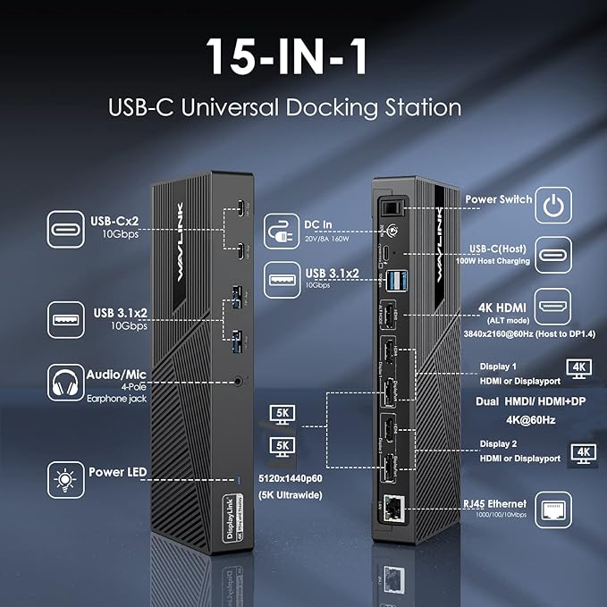 WAVLINK DisplayLink Docking Station Triple Monitor 4K@60Hz for 3 Monitors, 100W Charging for Thunderbolt 4/3, USB C M1 M2 M3 M4 Mac/Windows/Chrome - 3 HDMI, 2 DP, 6 USB Ports, 160W Power, LAN, Audio
