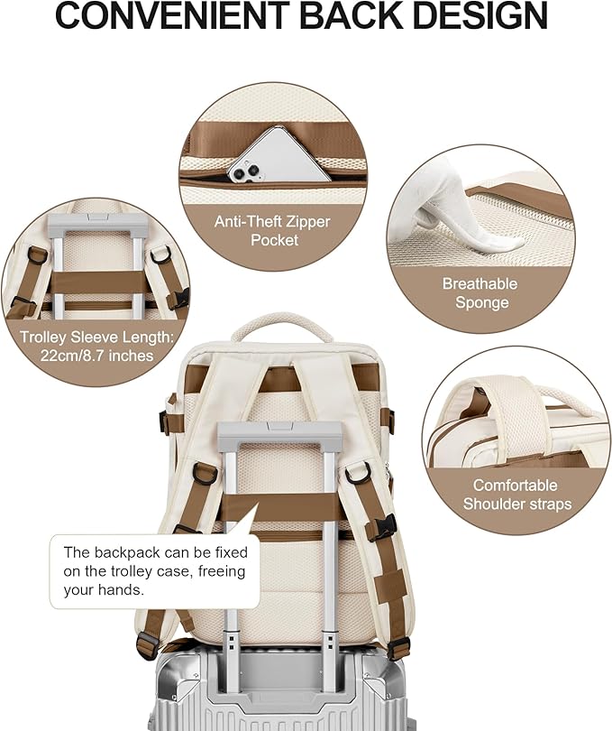VECAVE Carry On Backpack for Women,Large Travel Backpack Flight Approved,Waterproof 15.6 Inch Laptop Backpack Business Work Backpacks Men Mochila De Viaje WhiteBrown