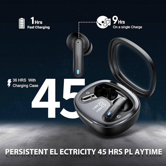 Wireless Earbuds, Bluetooth 5.4 Headphones, HiFi Stereo Bass Ear Buds, in Ear Earbuds with 4 ENC Noise Cancelling Mic, 45H, LED Display, IP7 Waterproof, Earphones for Phone Android/iOS Sports, Black