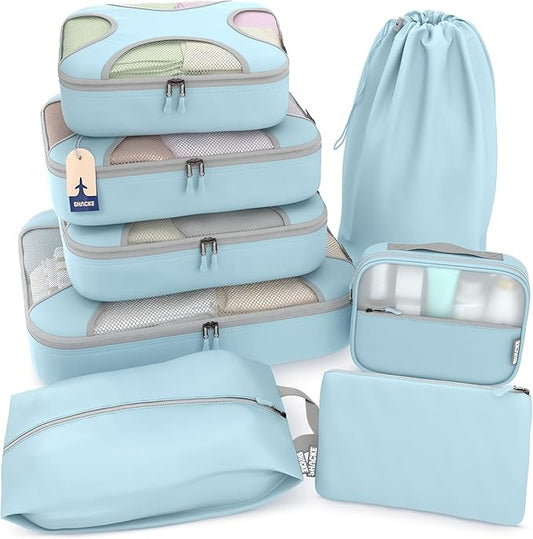 Shacke Premium 8 Packing Cubes Set - Lightweight Mesh Travel Luggage Organizers with Laundry Bag, 8-Piece Suitcase Storage System (Sky Blue)
