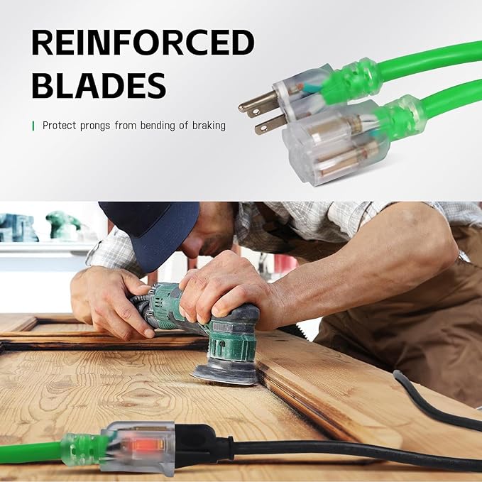 EP 50Ft Outdoor Extension Cord, 12/3 SJTW Heavy Duty Waterproof Power Cable, 3 Prong Grounded Plug, Lighted End, for Lawn, Garden, Appliances, Green