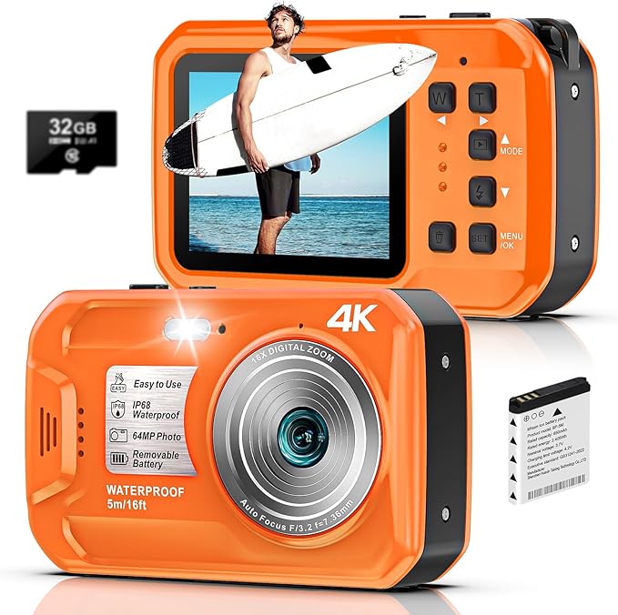 4K Underwater Camera, 64MP 16FT Waterproof Digital Camera with 32GB Card, Autofocus Floatable Waterproof Camera with IPS HD Screen, 16X Digital Zoom, Fill Light, for Snorkeling, Surfing, Orange