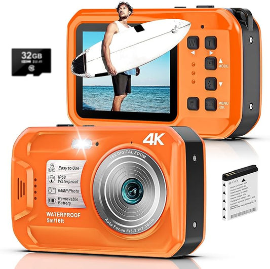 4K Underwater Camera, 64MP 16FT Waterproof Digital Camera with 32GB Card, Autofocus Floatable Waterproof Camera with IPS HD Screen, 16X Digital Zoom, Fill Light, for Snorkeling, Surfing, Orange
