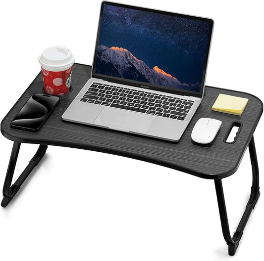 Laptop Bed Desk, Foldable Lap Table, Portable Study Table, Laptop Stand with Cup Holder & Tablet Slot & Lifting Handle for Working Writing Drawing & Eating - Black