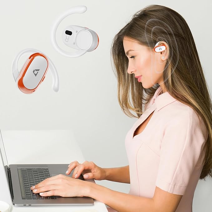 1Mii Open Ear Headphones, Wireless Sports Earbuds 60 Hours Long Playtime with Charging Case (White&Orange)