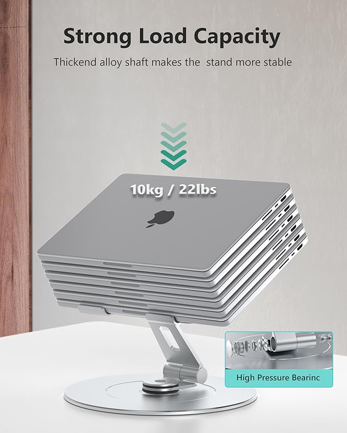 Ultra-Stable Swivel Laptop Stand for Desk with 360 Rotating Larger Base, Aluminum Anti-Loosening Structure, Height Adjustable Laptop Stand, Fits 10"-17.3" Laptops，Silver