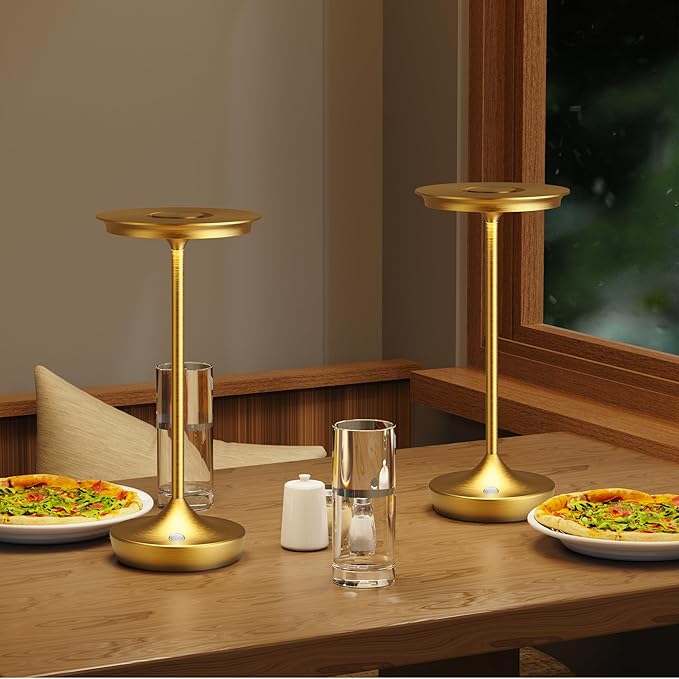 LED Rechargeable Cordless Table Lamps, Portable Outdoor Battery Operated Table Light 3 Color Stepless Dimming Table Lamp with Memory Function for Patio Restaurant Dining Room Gold