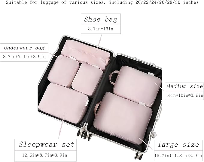 6-piece travel compression packaging cube - foldable travel bag expandable, luggage storage bag. (pink)