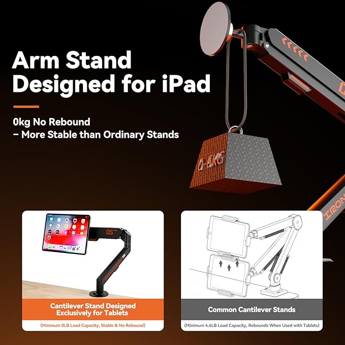 Magnetic Tablet Stand, Adjustable Desk Mount for iPad & All Tablets, 360° Rotating Foldable Arm with Gas Spring, Heavy Duty Aluminum, for Home Office, Kitchen, Bedside, Studio, White