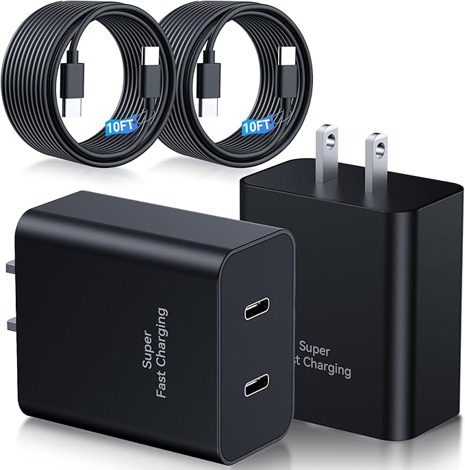 45W Samsung Super Fast Charger,2Pack Dual Port USB C Samsung Charger Fast Charging,Quick Double Type C Android Chargers Block 10FT Long USB C Cable for SamsungGalaxy S25 Ultra/S25/S24+/S23/S22/S21/S20