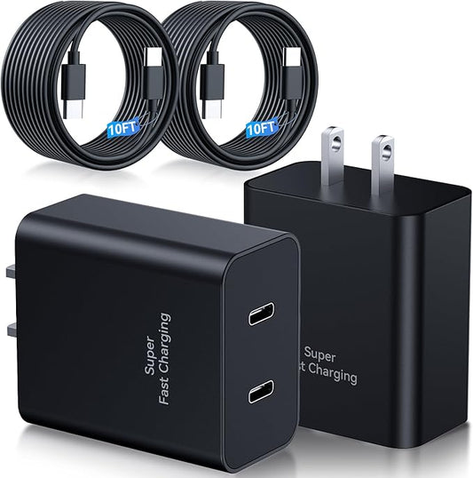 45W Samsung Super Fast Charger,2Pack Dual Port USB C Samsung Charger Fast Charging,Quick Double Type C Android Chargers Block 10FT Long USB C Cable for SamsungGalaxy S25 Ultra/S25/S24+/S23/S22/S21/S20