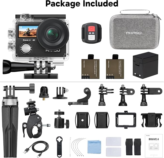 AKASO Brave 4 Action Camera with Selfie Stick Tripod and Carrying Case Bundle - 4K30 20MP Ultra Hd EIS 131ft Underwater Camera 5xZoom Dual Screen with Helmet and Bicycle Accessories Kit