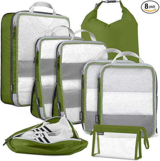 Cipway Compression Packing Cubes Mesh, Lightweight Luggage Organizer Bags with Laundry Bag,Toiletries Bag and Shoe Bag, Travel Essentials for Carry on Suitcase（8 Pcs,Green）