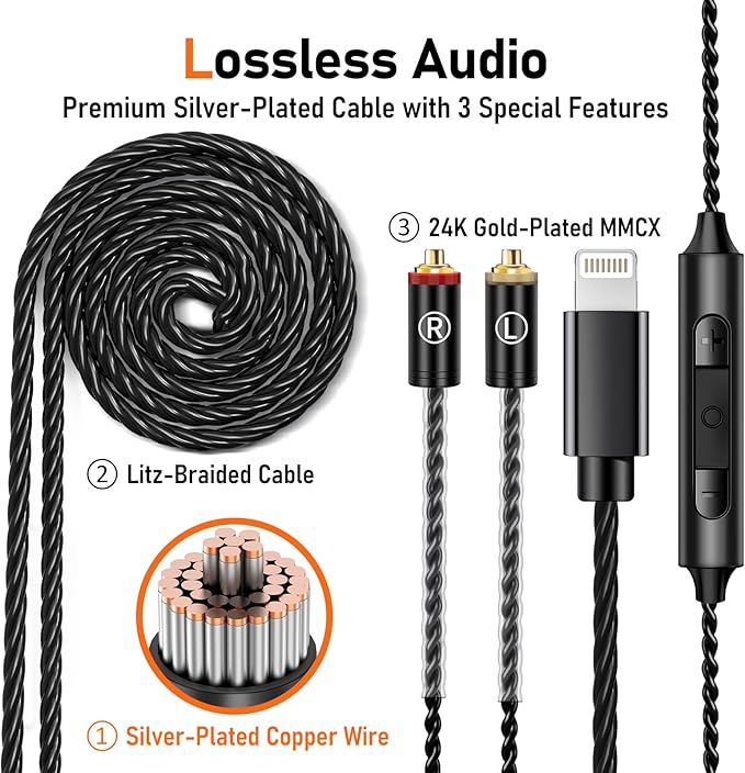 Vibes 202ML Wired Earbuds - HiFi in Ear Headphones for iPhone 5–14, Noise-Isolating Ear Buds w/ Mic - Clear Sound, Deep Bass, Comfort-Fit Earphones - MMCX–Lightning, Silver Plated Cord, Carrying Case