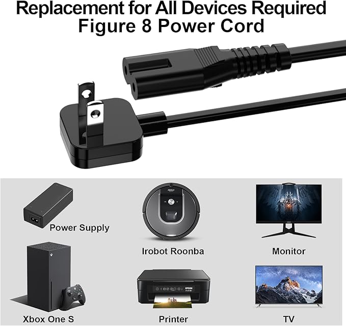 AC Adapter Power Cord 5ft, Super Slim Flat Plug Non Block Design, Figure 8 Power Cable Replacement for Chargers, TV, Xbox, PlayStation Series, Power Supply for Small Electronic Gadgets