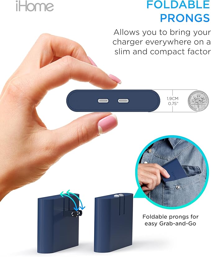 iHome Multiport 40W USB-C Charger, AC Pro 2-Port Flat Block, Dual Fast Charging Wall Adapter