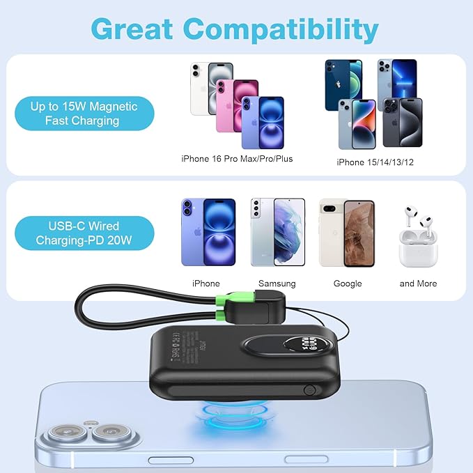 Small Magnetic Power Bank,5000mAh Mag-safe Battery Pack with 20W Fast Charging Detachable USB C&iOS cable,with LED Display,Slim Wireless Portable Charger for iPhone16/15/14/13/12 Series (Black)