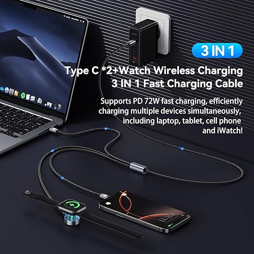 72W Super Fast Charging 3-in-1 Multi Charging Cable, Dual USB-C Ports for iWatch Ultra/SE/10-1/iPhone 17/16/15 Pro, Multi Charger for Apple Watch, Galaxy Phone Travel Essentials