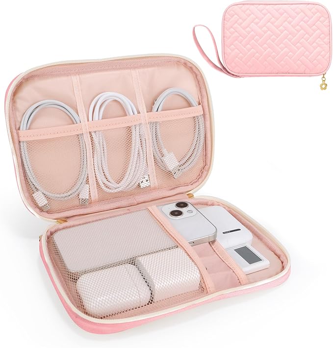 Electronics Organizer Travel Case, Charger Bag Cord Organizer Travel, Compact Tech Pouch Cable Organizer Bag for Charger, Cords, Phone, Headphones, Flash Drive, SD Card (Pink, Small-Single Layer)