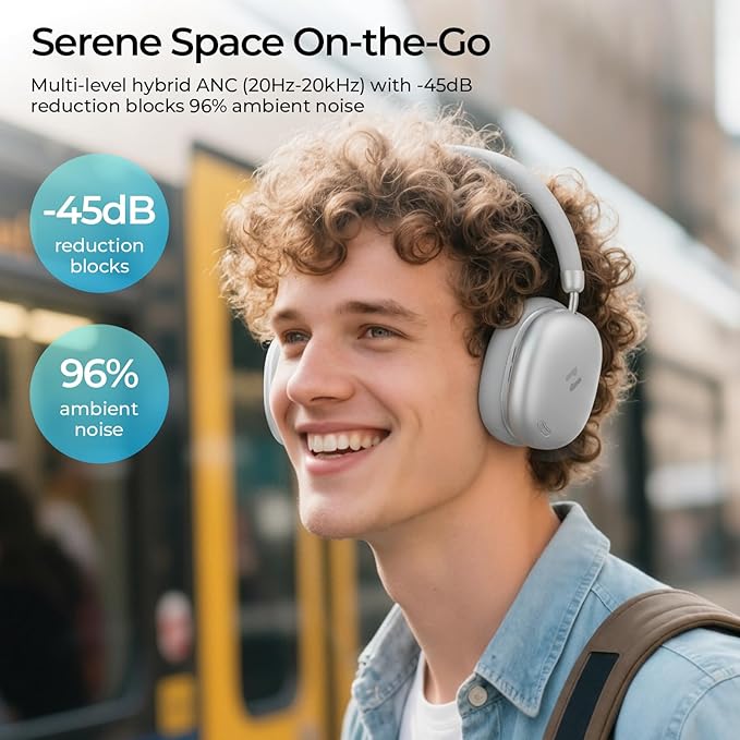 havit Hybrid Adaptive Active Noise Cancelling Headphones Wireless Space S1, Over Ear Headphones,Bluetooth 6.0, 100H Playtime, ENC, 3D Sound, Custom EQ via App, Travel, Office,Home,Silver