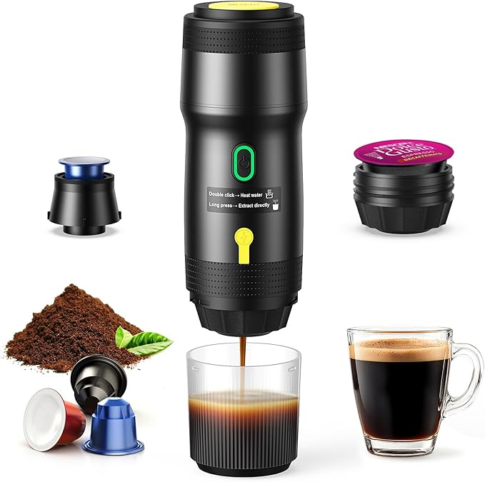 Portable Electric Espresso Machine, Car Self-Heating Coffee Maker with USB-DC, Travel Coffee Machine for Camping, Compatible With NS Capsules & Ground Coffee, Portable Coffee Maker for Hiking, RV,Home