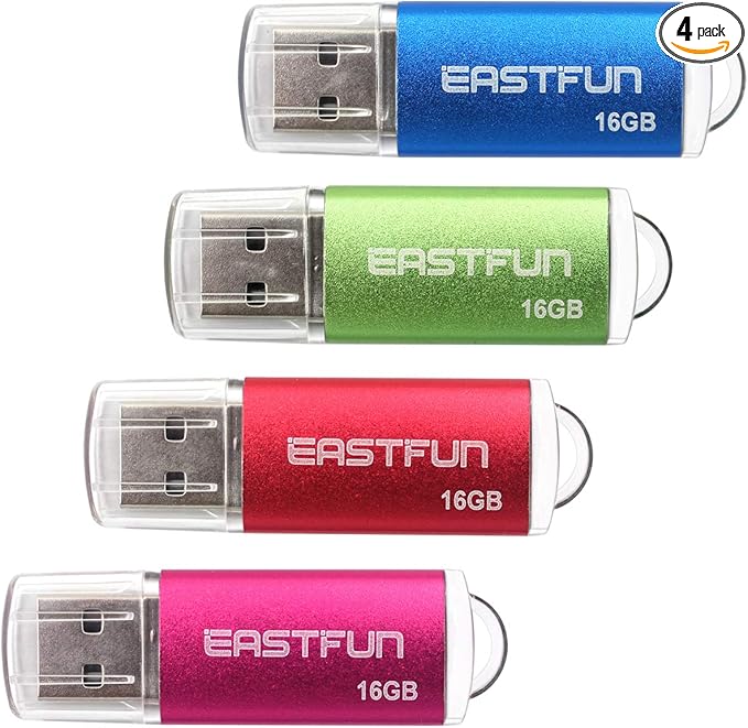 EASTFUN 4 Pack 16GB USB 2.0 Flash Drive Memory Stick Thumb Drive with LED Indicator, 4 Colors: Rose/Red/Green/Blue