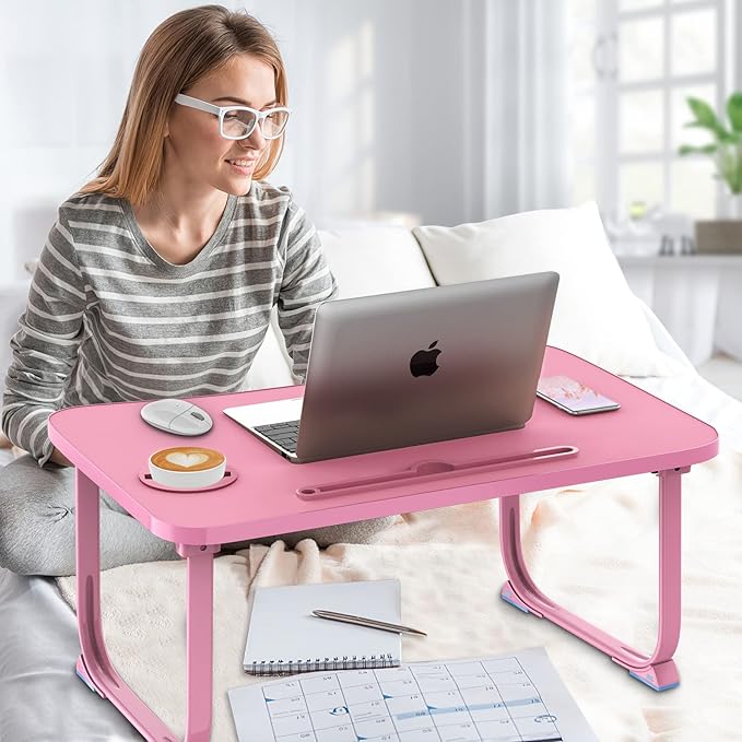 Fayquaze Portable Foldable Laptop Bed Table with Storage Drawer and Cup Holder, Laptop Desk Stand Tray for Eating, Reading and Working