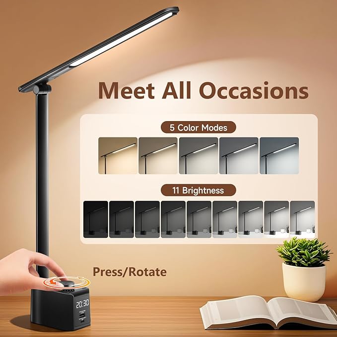 LED Desk Lamp,5 Colors+11 Brightness LED Desk Lamp with USB Charging Port+Clock+Pen Holder,700 Lumen Desk Light Classroom Desk Lamps for Home Office, Bed,Reading,Nail,Craft