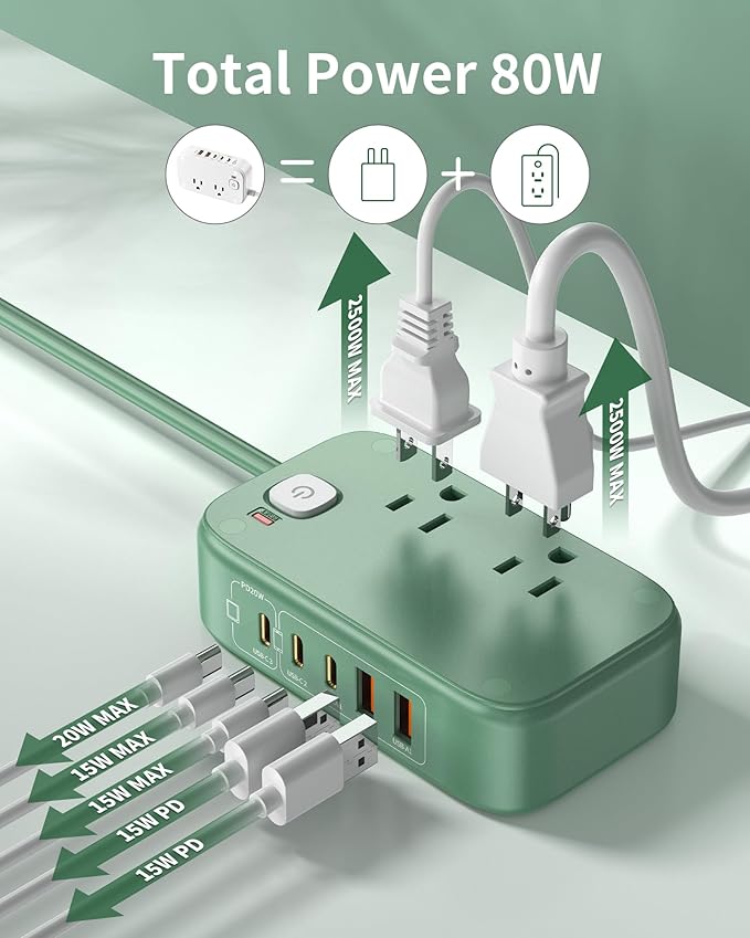Power Strip with USB C Ports,30W USB C Charging Station,Surge Protection 1200J, 5FT Flat Extension Cord USB Charger Hub for Multiple Devices (Pearl Green, 30w)
